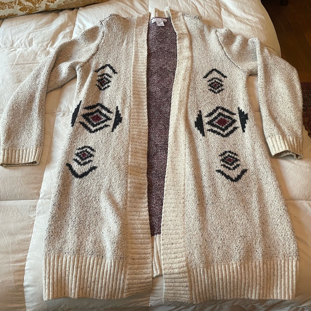 Open-Front Cream Aztec Knit Cardigan Sweater